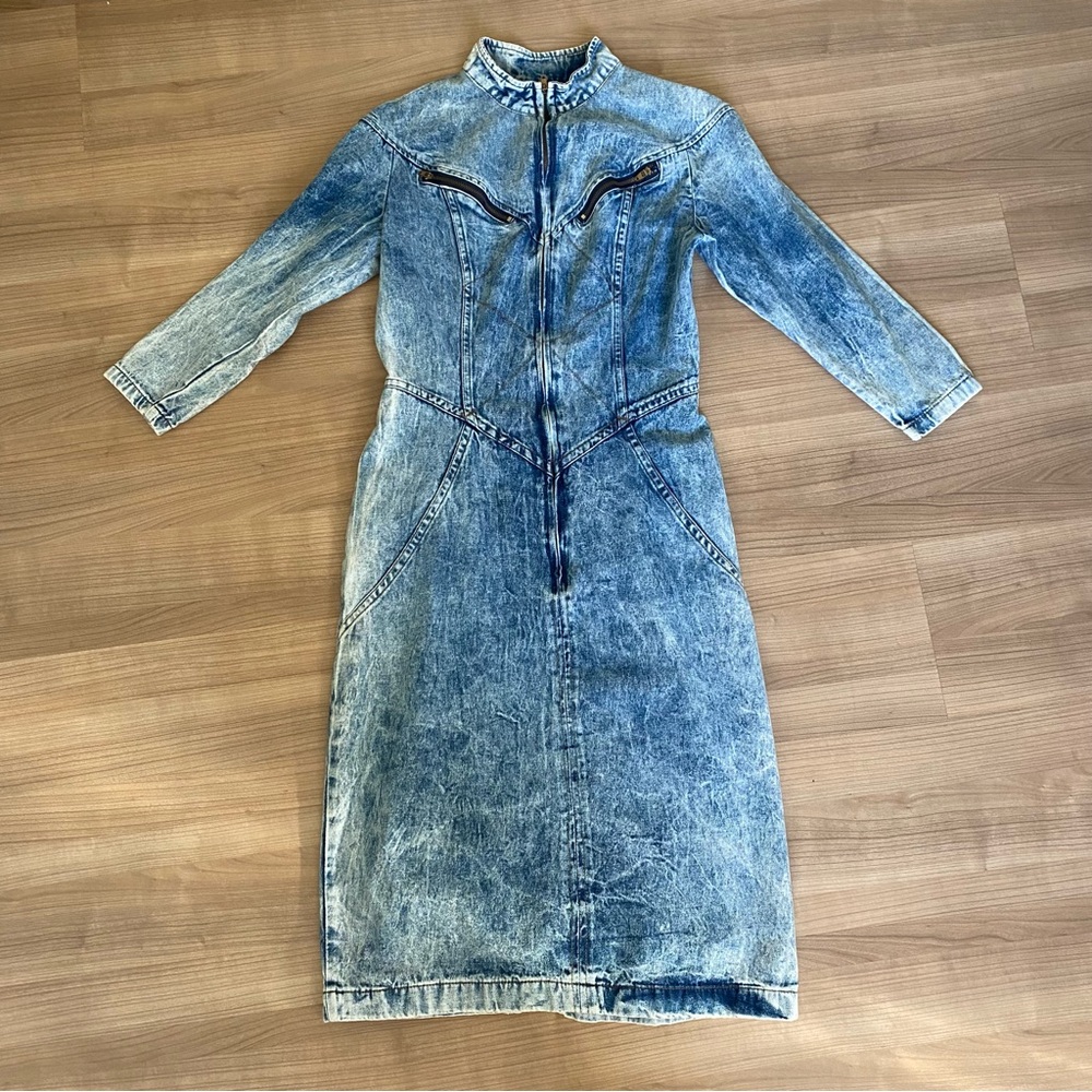 Vintage Denim Acid Wash Motorcycle Midi Dress